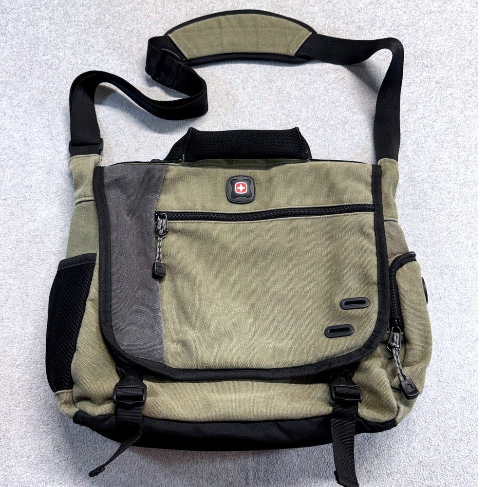 SwissGear Wenger Canvas Messenger Laptop Bag Olive Green Crossbody Briefcase